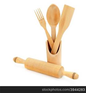 Wooden cooking utensils isolated on a white background