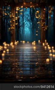Wooden corridor with burning candles in the dark forest. Halloween concept