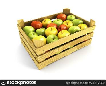 wooden crate full of apples. Isolated 3d rendering