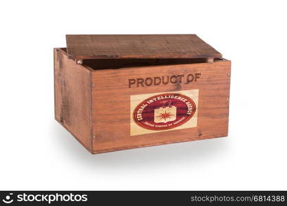 Wooden crate isolated on a white background, product of the CIA