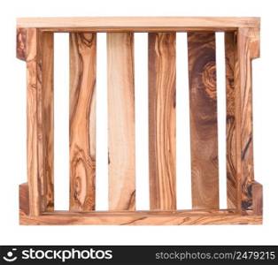 Wooden crate made from olive wood top view isolated on white background