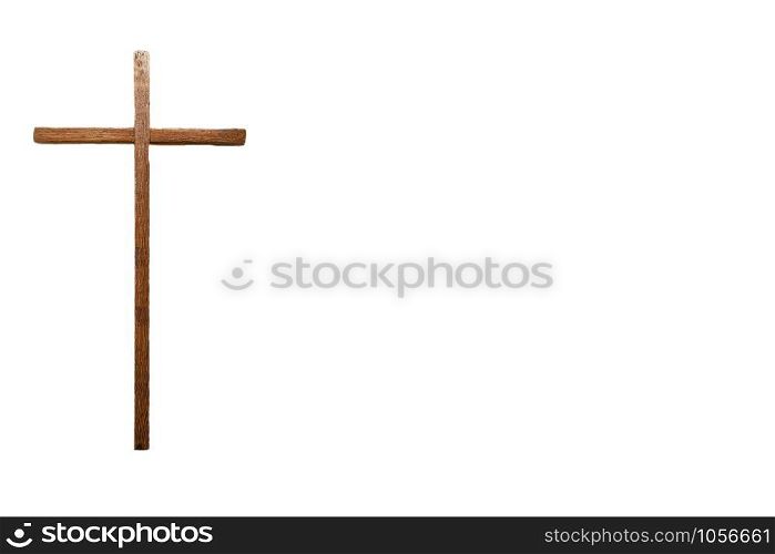 Wooden cross Jesus christ religious and spiritual background concept isolated on white, space for text closeup. Wooden cross Jesus christ religious and spiritual background concept isolated on white, space for text