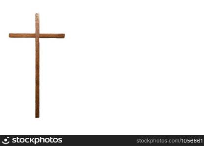Wooden cross Jesus christ religious and spiritual background concept isolated on white, space for text closeup. Wooden cross Jesus christ religious and spiritual background concept isolated on white, space for text