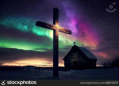 Wooden cross on the background of the Northern lights. Generative AI drawing. Wooden cross on the background of the Northern lights. Generative AI
