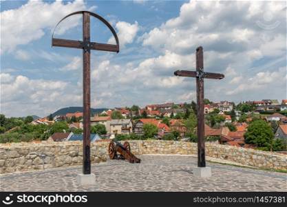 Wooden crosses and cannon on top of Szep bastion Eger Castle Hungary. Wooden crosses on top of Szep bastion Eger Castle Hungary