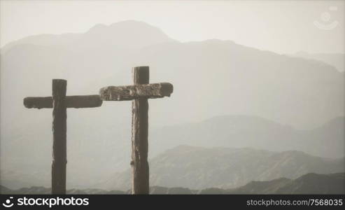 wooden Crucifix cross at mountain