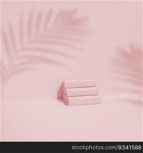 Wooden cube on a pink background with a shadow from a palm leaf. Stage for product demonstration, cosmetics. Promotion and advertising