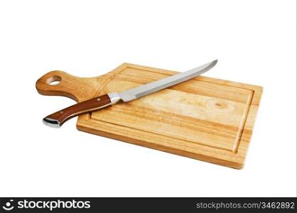 wooden cutting board and knife isolated on white background