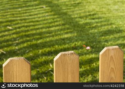 Wooden decorative fence and green garden on the background.