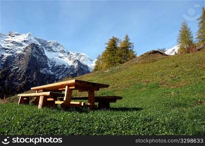 Wooden desk in a mountain rural house;west alps, Italy