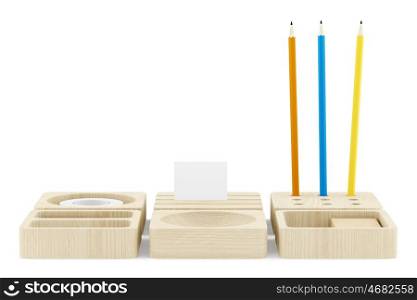 wooden desk organizer with office supplies isolated on white background. 3d illustration