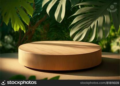 Wooden display cosmetics or treatment product advertising with overlay by shadow leaves tree. Theme of organic greenery forest background. Finest generative AI.. Wooden display cosmetics product advertising with overlay by shadow leaves tree.