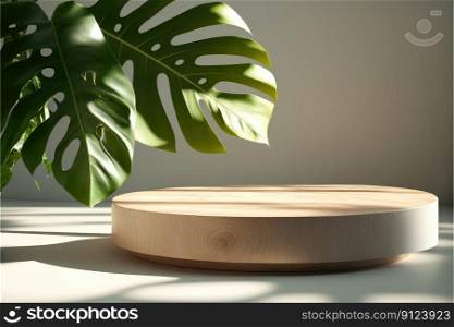 Wooden display cosmetics or treatment product advertising with overlay by shadow leaves tree. Theme of organic greenery forest background. Finest generative AI.. Wooden display cosmetics product advertising with overlay by shadow leaves tree.
