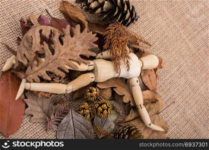 Wooden dolls posing amid autumn background