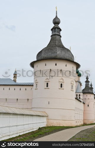 Wooden dome tower and wall of Rostov Kremlin in Rostov Velikiy, Russia