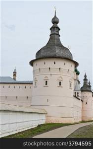Wooden dome tower and wall of Rostov Kremlin in Rostov Velikiy, Russia