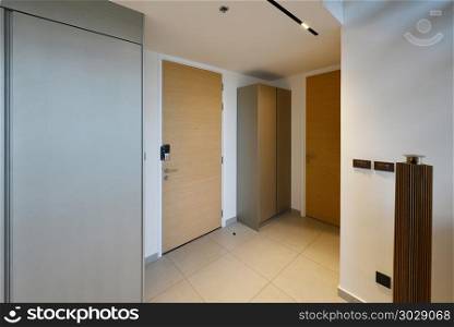 Wooden door and corridor in apartment interior and decoration