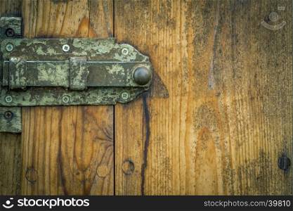 Wooden door from a german stable, with its rusty metal latch and aged wooden planks. Good frame with copy space on the right side for your text.