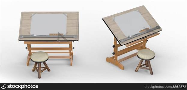 Wooden drawing table with tools and stool , clipping path included&#xA;