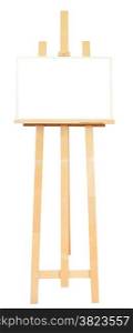 wooden easel with picture frame with cut out canvas isolated on white background