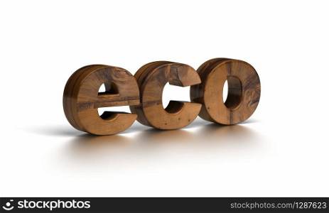 wooden eco word isolated over a white background with reflexion . eco word