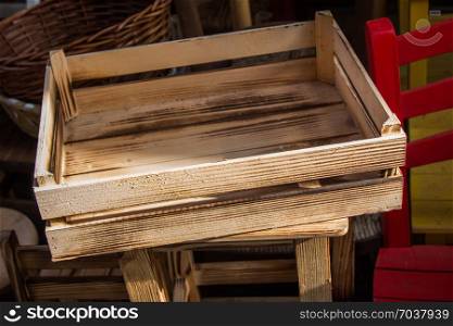 Wooden empty crate box for sale in a market
