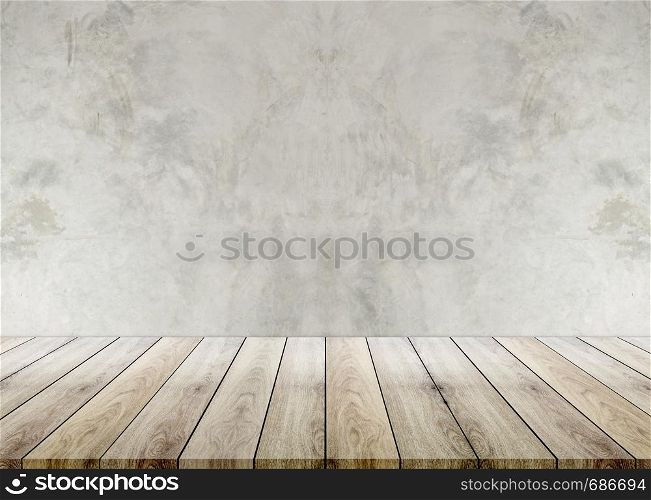 Wooden empty table top with cement background, can be used for display your products.