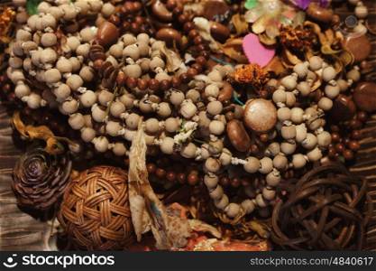 Wooden ethnic necklaces and bracelets closeup