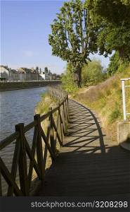 Wooden fence at the riverside, Sarthe River, Le Mans, Sarthe, France