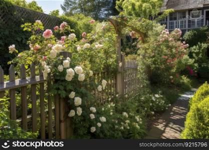 wooden fence with trellis and climbing roses in full bloom, created with generative ai. wooden fence with trellis and climbing roses in full bloom