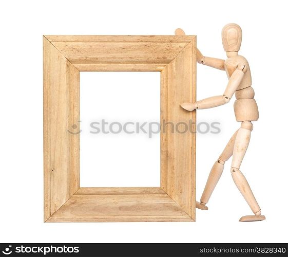 Wooden figure hold blank square wooden frame isolated on white