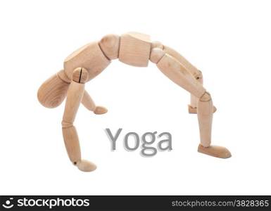 Wooden figure on back bend pose isolated on white with clipping path