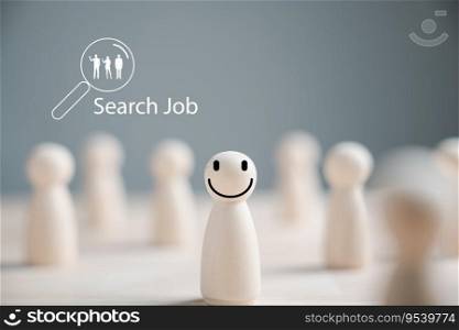 Wooden figure stands as employee leader in business hiring and recruitment. Find your career, job search concept. People searching for vacancies or positions online. HR management, career opportunity.
