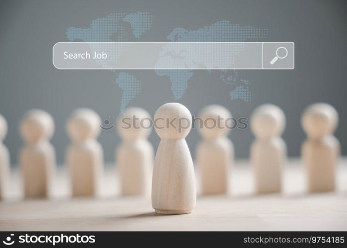 Wooden figure stands out as an employee leader, symbolizing career opportunity. Business hiring recruitment concept. HR management, find your career. People searching for vacancies or positions online