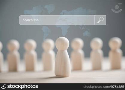 Wooden figure stands out as an employee leader, symbolizing career opportunity. Business hiring recruitment concept. HR management, find your career. People searching for vacancies or positions online
