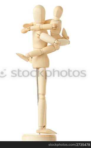 wooden figures of child embracing his parent by shoulders, full body, isolated on white