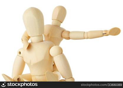 wooden figures of child sitting on back of his parent and pointing for one hand right, half body, isolated on white