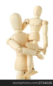 wooden figures of child sitting on hands of his parent, half body, isolated on white