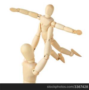 wooden figures of parent carring his child over his head, child aparting hands, half body, square format, isolated on white