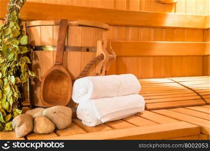 wooden Finnish sauna, shooting objects in the the empty steam room