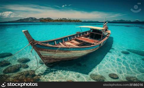 Wooden fishing boat in paradise turquoise waters. Tropical sea landscape with boat. Generative AI.. Wooden fishing boat in paradise turquoise waters. Tropical sea landscape with boat. Generative AI