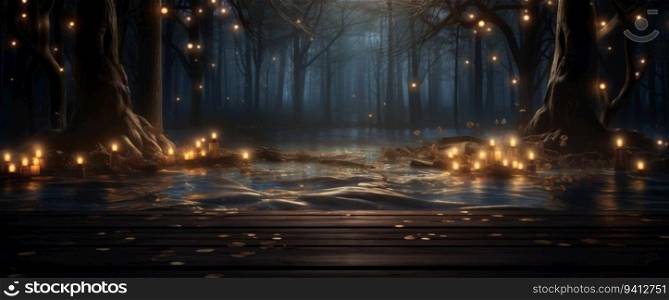 Wooden floor in a dark forest with glowing garland lights.