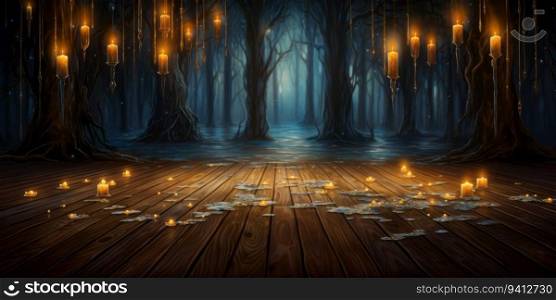 Wooden floor in the dark forest with candles. 3d rendering
