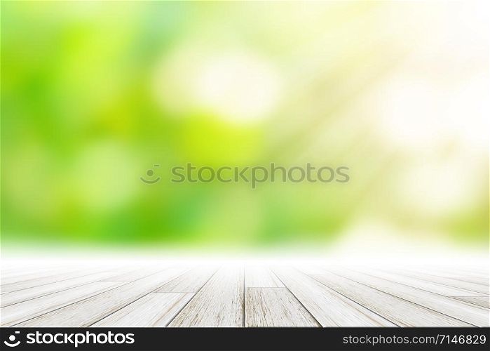 Wooden Floor Scene Background Green Bokeh With Sun Light