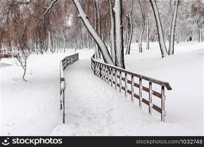 Wooden footbridge covered by snow in the Natalka park of Kiev, Ukraine