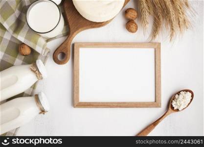 wooden frame mock up with dairy products