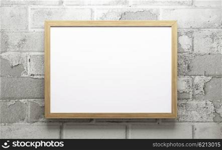 Wooden frame over brick wall background 3d rendering