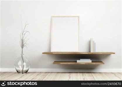 Wooden frame standing on rustic wooden shelf, pastel colored books, dried plant into a glass jug on floor, in bright interior living-room.3d illustration