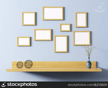 Wooden frames above shelf over blue wall interior background 3d rendering