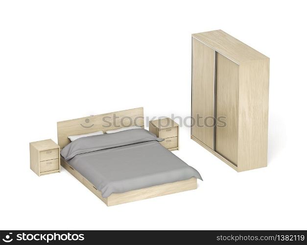 Wooden furniture for bedroom on white background. Bed, nightstands and sliding wardrobe.